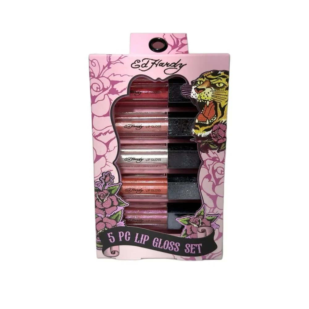 Ed Hardy 5 Pc Long Lasting Shine Cream Lip Gloss Set 0.12 fl oz each NEW